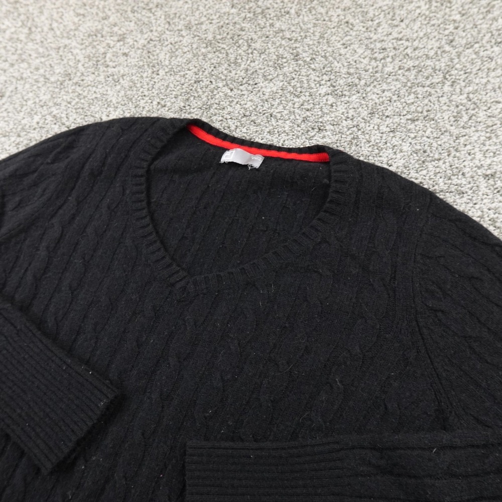 JC Penney Sweater Womens L Black Cable Knit Merino Wool Blend V Neck Pullover